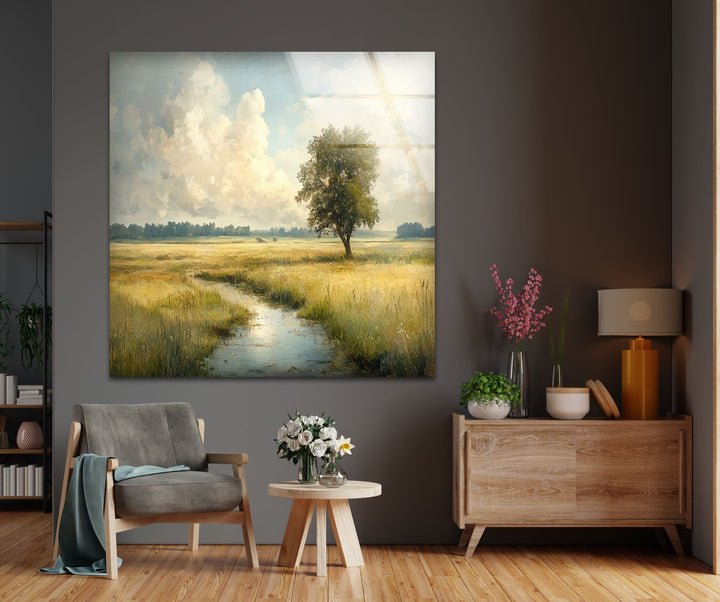 Goldene Wiese – Friedliches Feld mit einsamem Baum, Glaswandkunst
