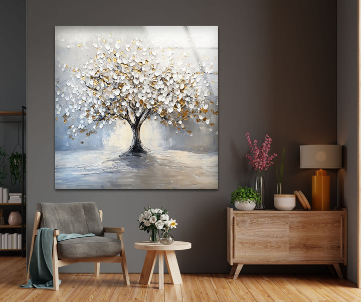 Golden Blossom Tree – Elegant White and Gold Glass Wall Art