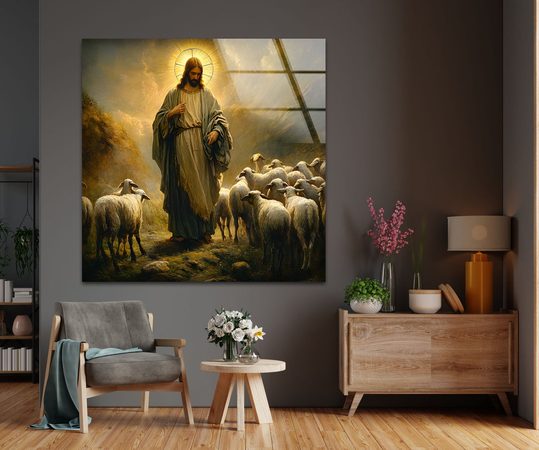 Der gute Hirte – Jesus mit Schafen – Wandbild aus Glas