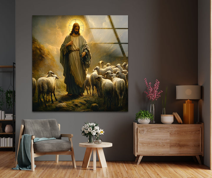 Der gute Hirte – Jesus mit Schafen – Wandbild aus Glas