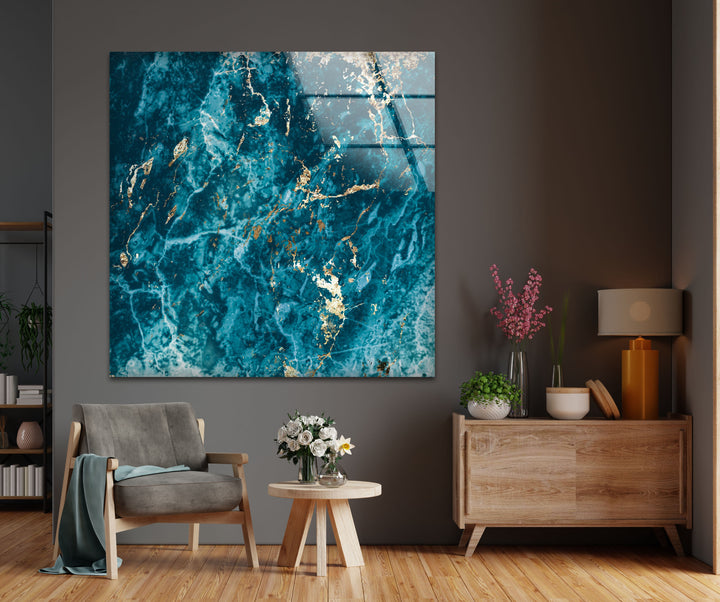 Turquoise Veins – Deep Ocean Blue Glass Wall Art