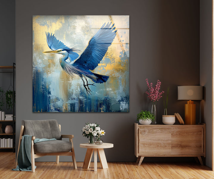 Wings of Sapphire – Blauer Reiher im Flug, Glaswandkunst