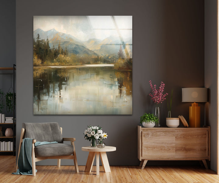 Tranquil Mountain Reflection – Misty Lake Scene Glass Wall Art