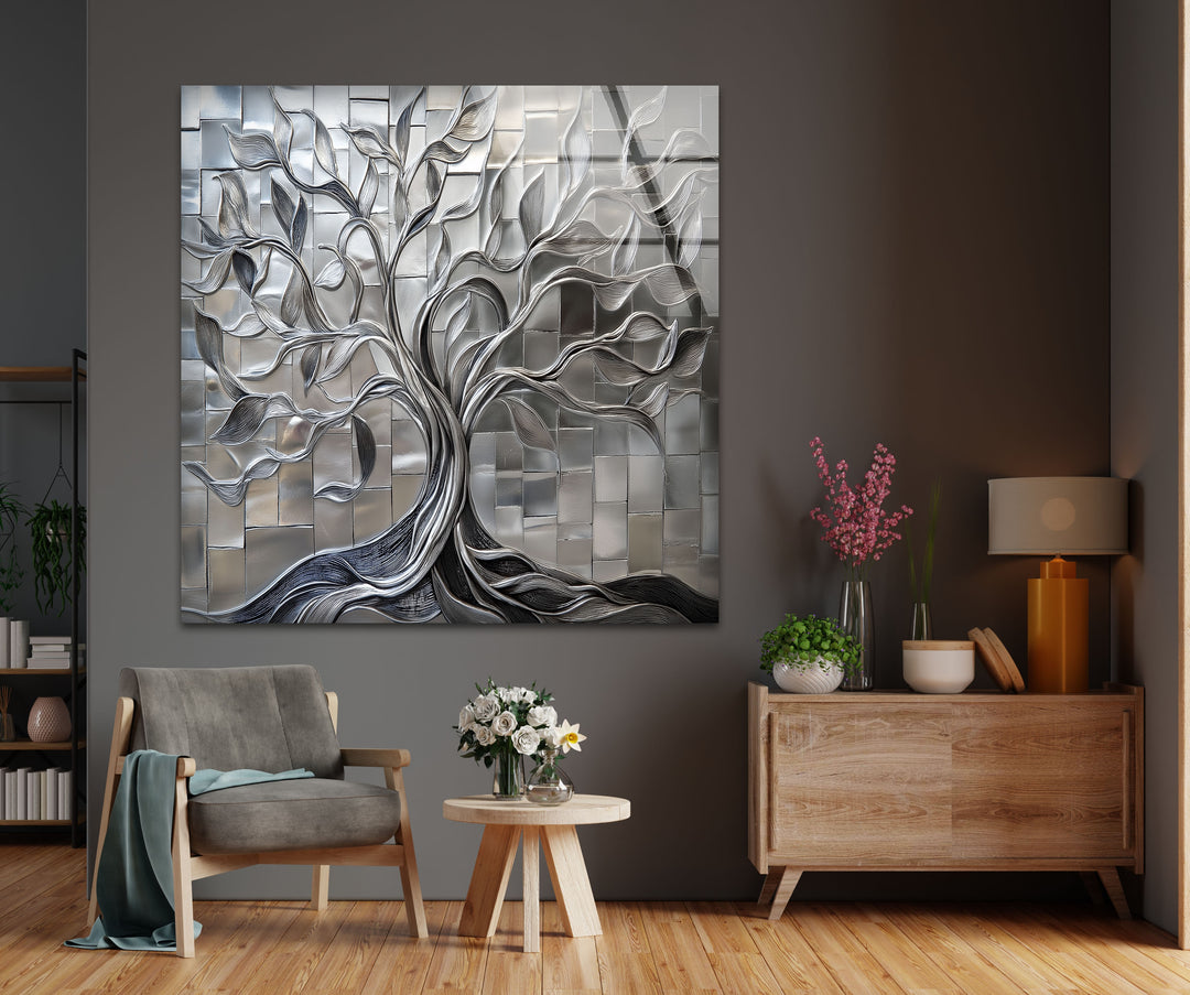 Radiant Silver Tree – Geometric Tile Design Glass Wall Art