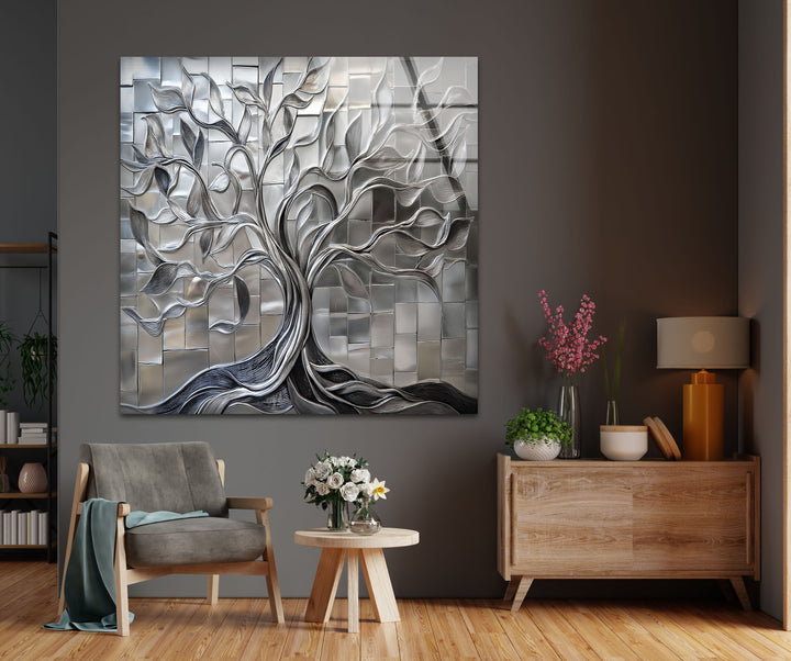 Radiant Silver Tree – Geometric Tile Design Glass Wall Art