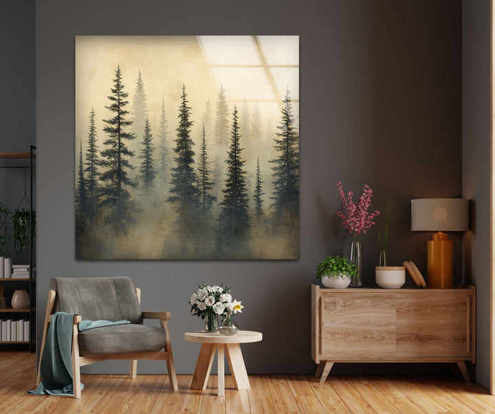 Whispers in the Pines – Misty Forest Scene Glass Wall Art