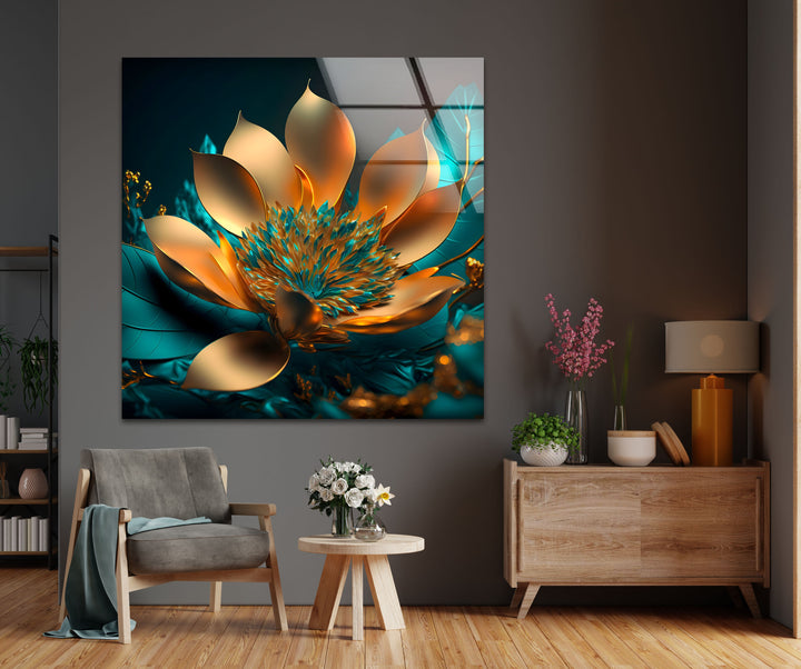 Golden Bloom Radiance – Modern Glass Wall Art