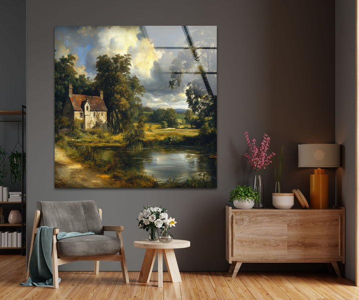 Cottage by the Pond – Vintage Countryside Landscape Glass Wall Art