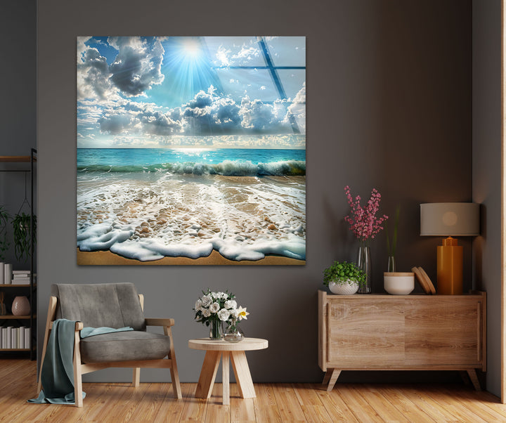 Sunlit Ocean Waves and Sandy Beach - Glass Wall Art