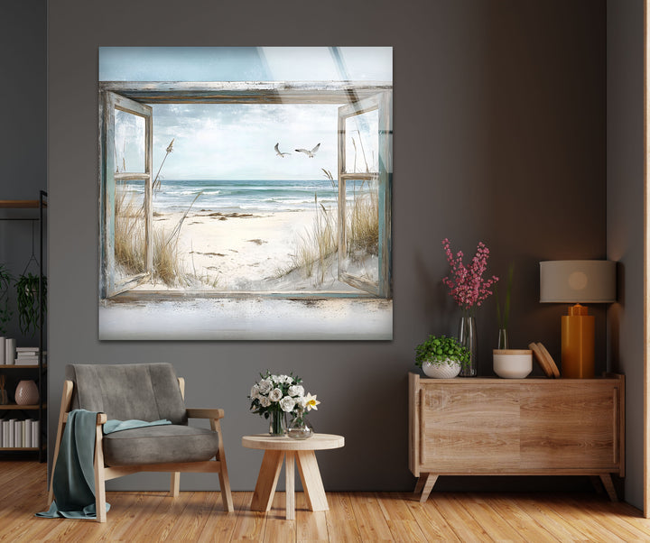 Seaside Freedom – Vintage Window View Glass Wall Art