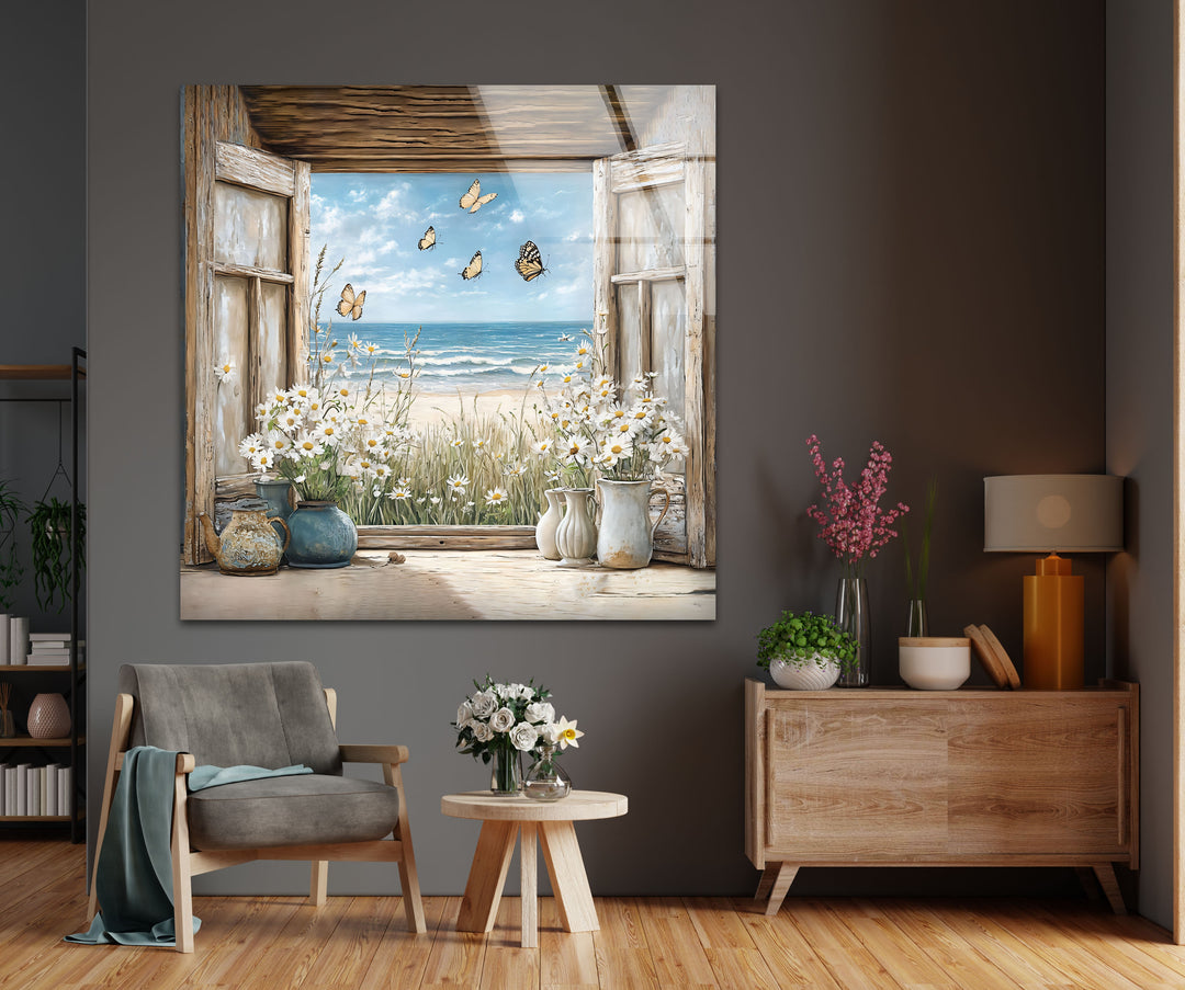 Butterfly Breeze – Window Flower & Ocean View Glass Wall Art