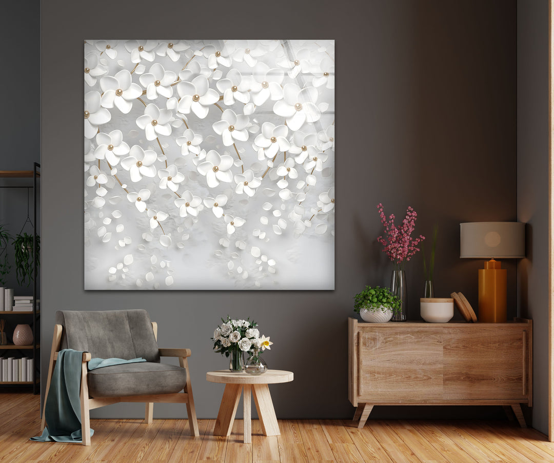 White Blossom Serenity – Elegant Floral Glass Wall Art