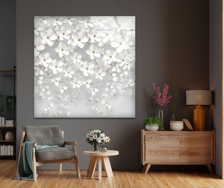 White Blossom Serenity – Elegant Floral Glass Wall Art