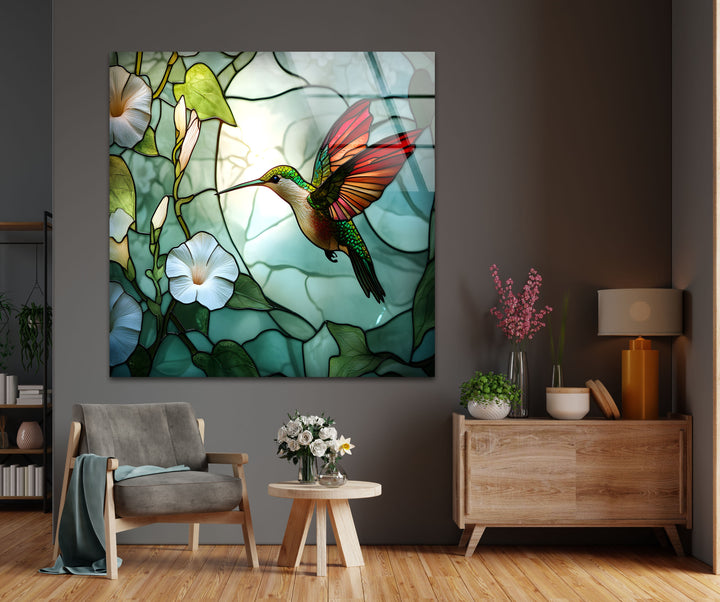 Strahlender Kolibri und Prunkwinde – Tierische Glaswandkunst