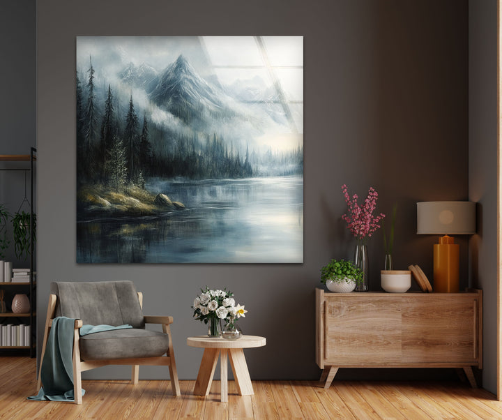 Whispering Pines – Misty Mountain Lake Glass Wall Art