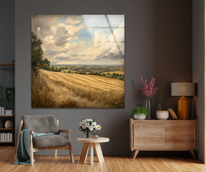 Golden Fields Horizon – Panoramic Wheat Landscape Glass Wall Art