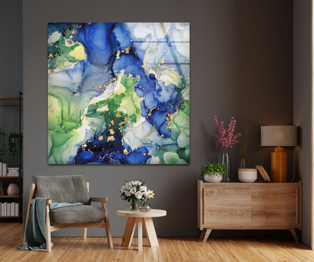 Emerald Ocean Currents – Blue & Green Abstract Glass Wall Art