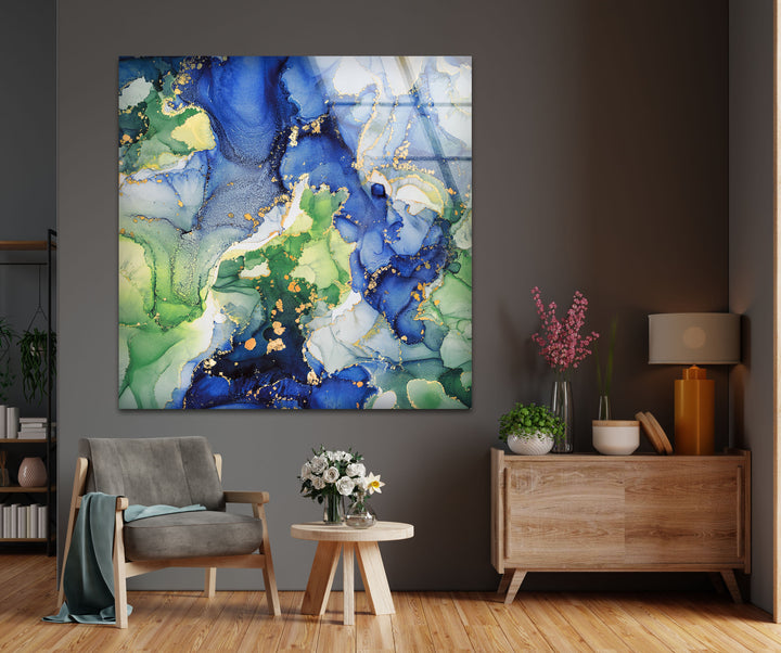Emerald Ocean Currents – Blue & Green Abstract Glass Wall Art