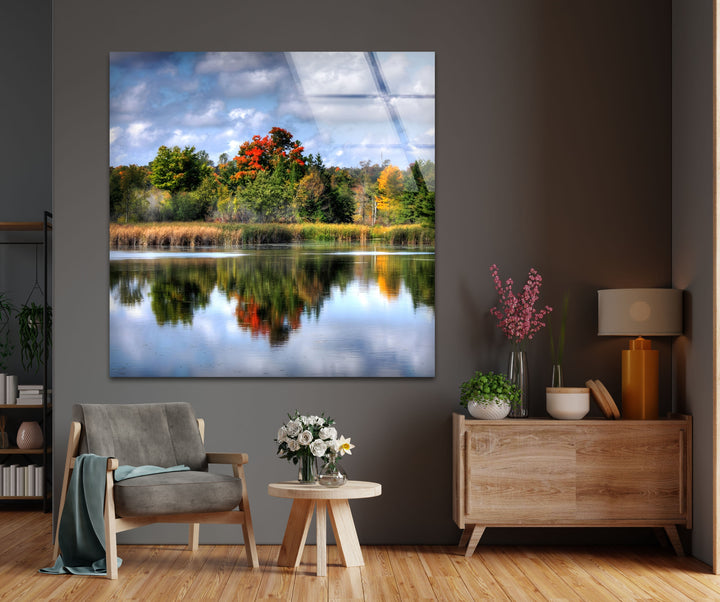 Autumn Reflections – Scenic Forest Lake Glass Wall Art
