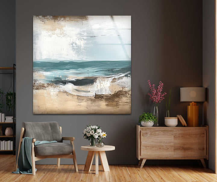 Tranquil Shoreline – Textured Coastal Horizon Glass Wall Art