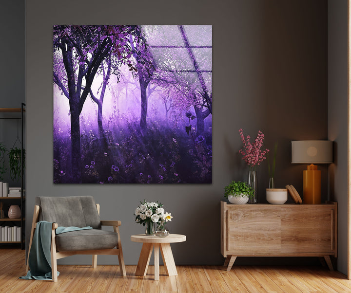 Mystic Purple Forest – Enchanted Trees with Lavender Light Glass Wall Art
