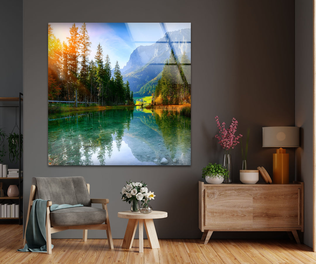 Tranquil Reflections – Alpine Lake and Mountain View Glass Wall Art