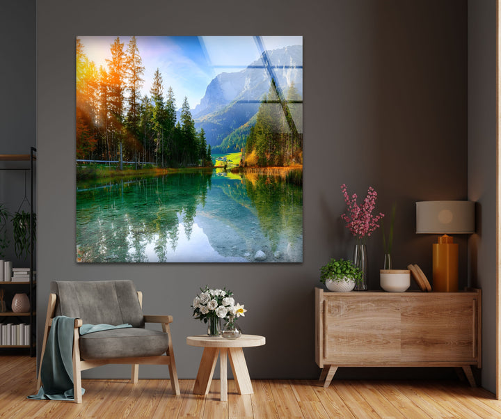 Tranquil Reflections – Alpine Lake and Mountain View Glass Wall Art