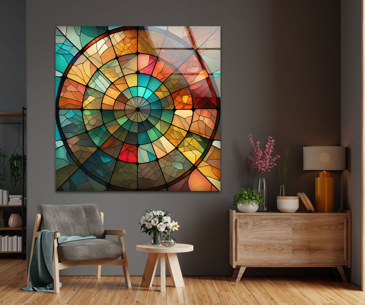 Rustikale Mosaik-Wandkunst aus Buntglas – Erdiges rundes Fensterdesign