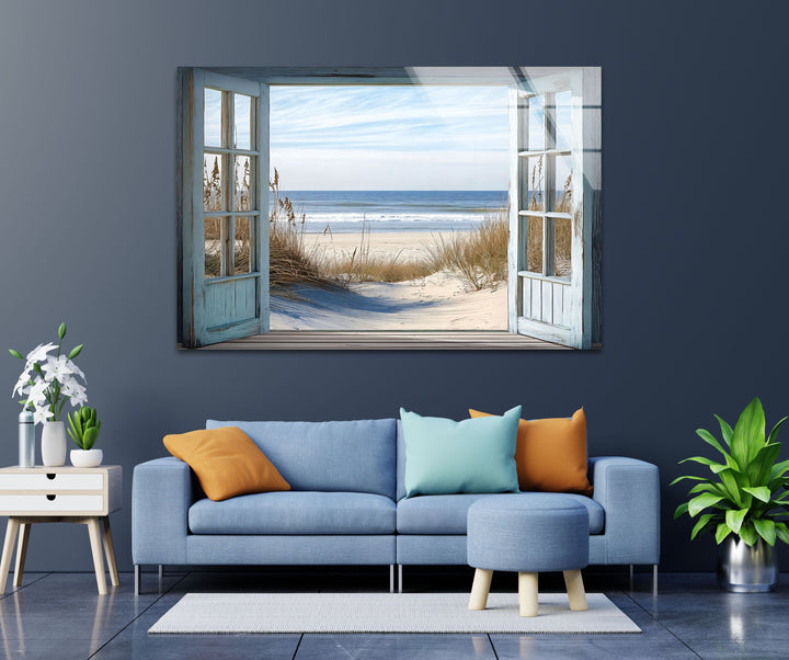 Ocean Breeze Escape – Open Window View Glass Wall Art