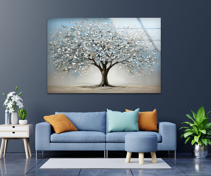 Blossoming Serenity Tree – Textured Modern Nature Glass Wall Art