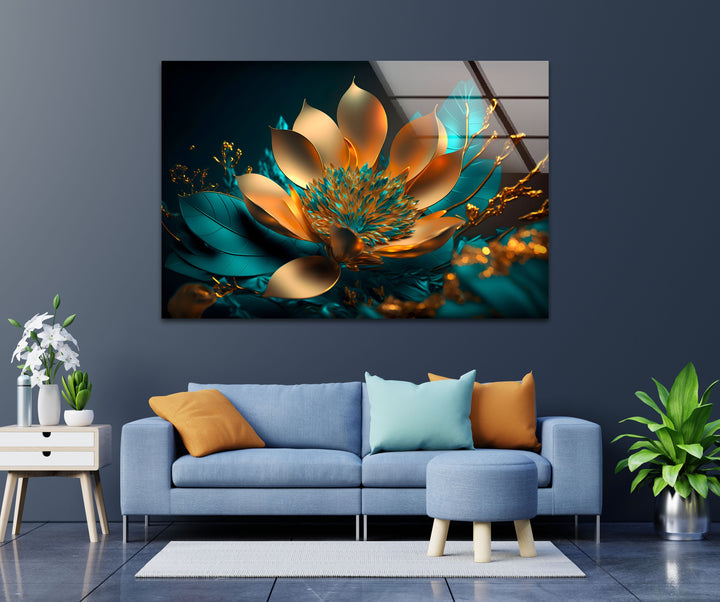 Golden Bloom Radiance – Modern Glass Wall Art