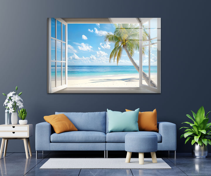 Tropical Escape – Palm Tree Ocean View Glass Wall Art