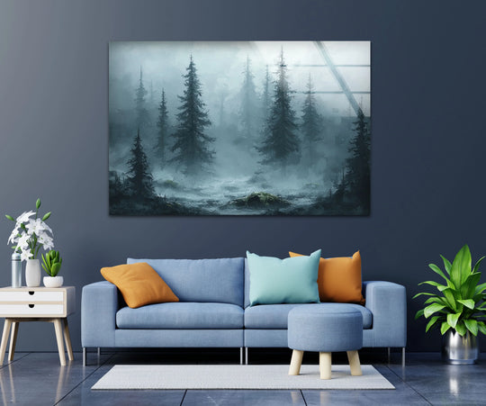 Showing the darkest area within this enchanted forest glass wall art decor, a mist-shrouded landscape creates a serene and nature-inspired focal point.