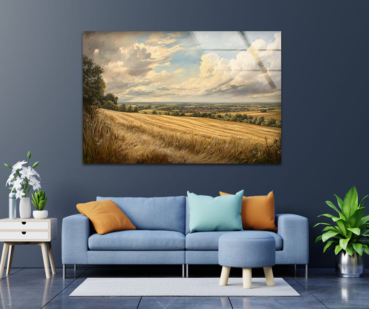Golden Fields Horizon – Panoramic Wheat Landscape Glass Wall Art