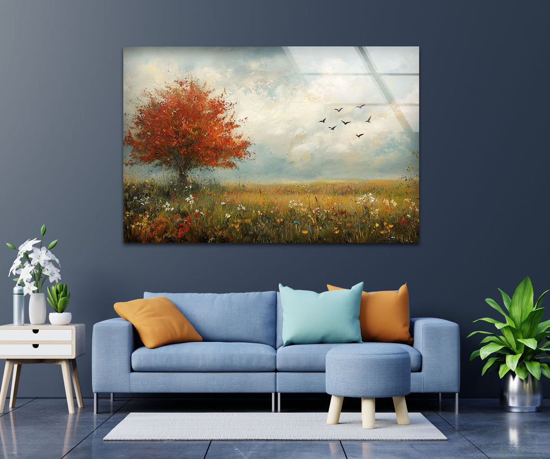 Golden Meadow Breeze – Red Tree in Bloom Glass Wall Art