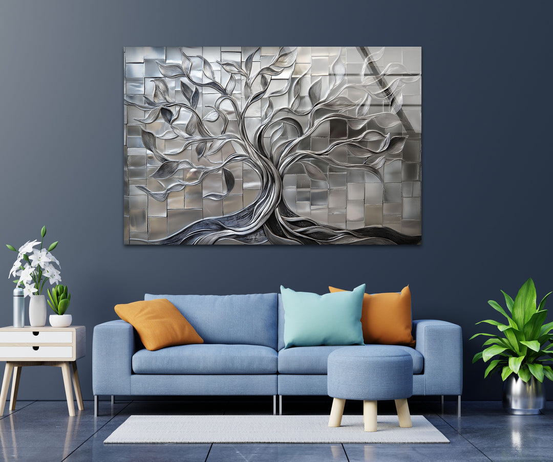 Radiant Silver Tree – Geometric Tile Design Glass Wall Art