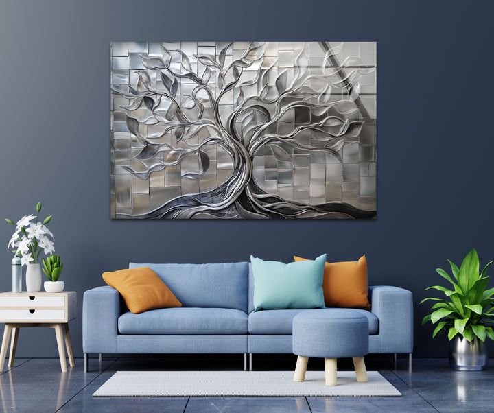 Radiant Silver Tree – Geometric Tile Design Glass Wall Art