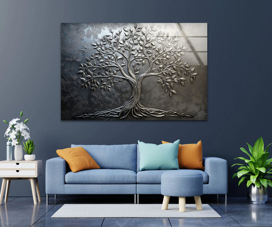 Elegant silver tree of life, a metallic relief on premium glass wall art showcasing exquisite glass printing, stands out as the loudest element.