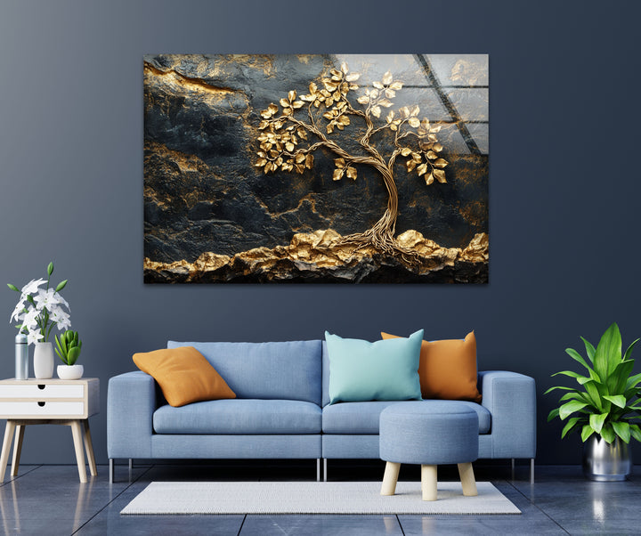 Golden Roots Tree – Strukturierte Luxus-Wandkunst aus Glas