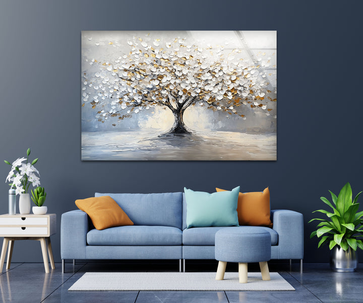 Golden Blossom Tree – Elegant White and Gold Glass Wall Art