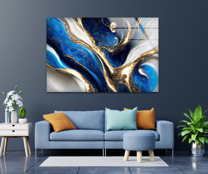 Celestial Currents – Blue and Gold Abstract Glass Wall Art