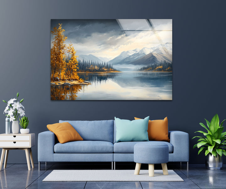 Snow-Capped Mountains and Autumn Trees - Glass Wall Art