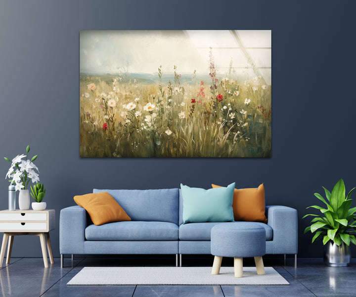 Wildflower Bloom – Tranquil Meadow Scene Glass Wall Art