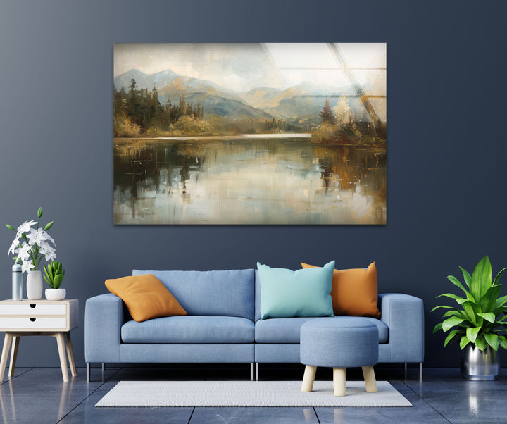 Tranquil Mountain Reflection – Misty Lake Scene Glass Wall Art