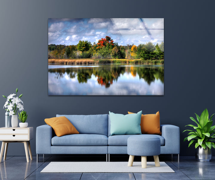 Autumn Reflections – Scenic Forest Lake Glass Wall Art
