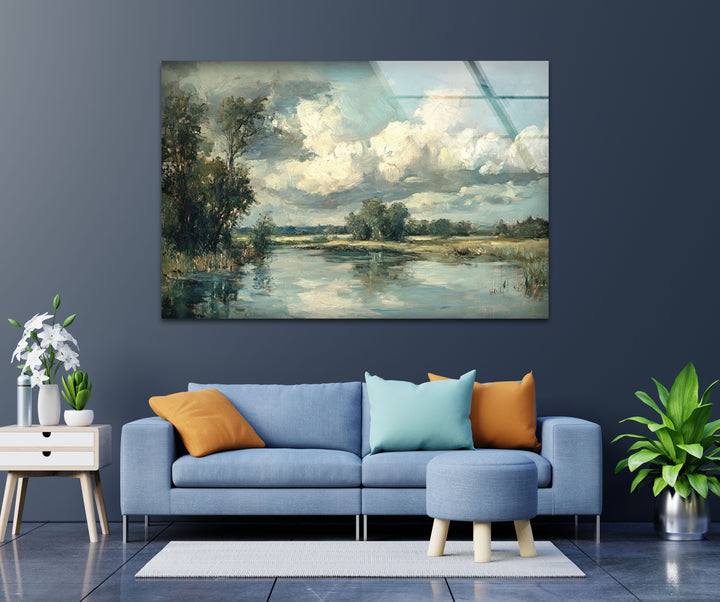 Tranquil Reflections – Serene Countryside River Glass Wall Art