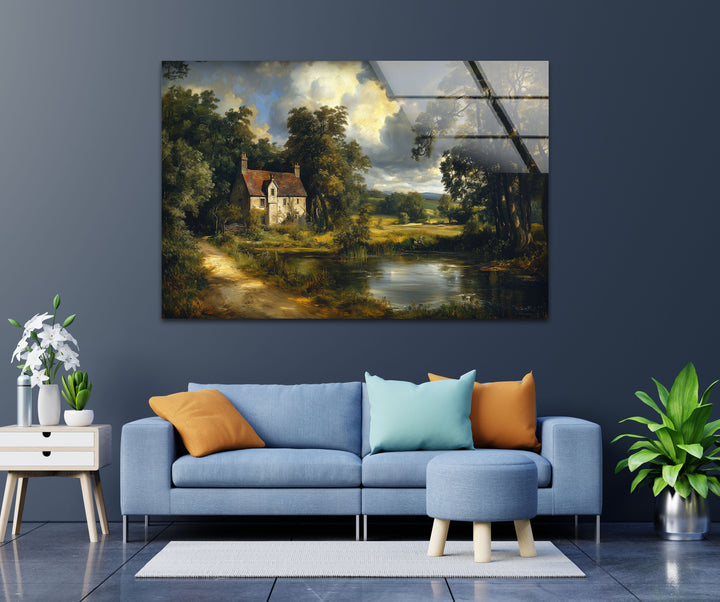 Cottage by the Pond – Vintage Countryside Landscape Glass Wall Art