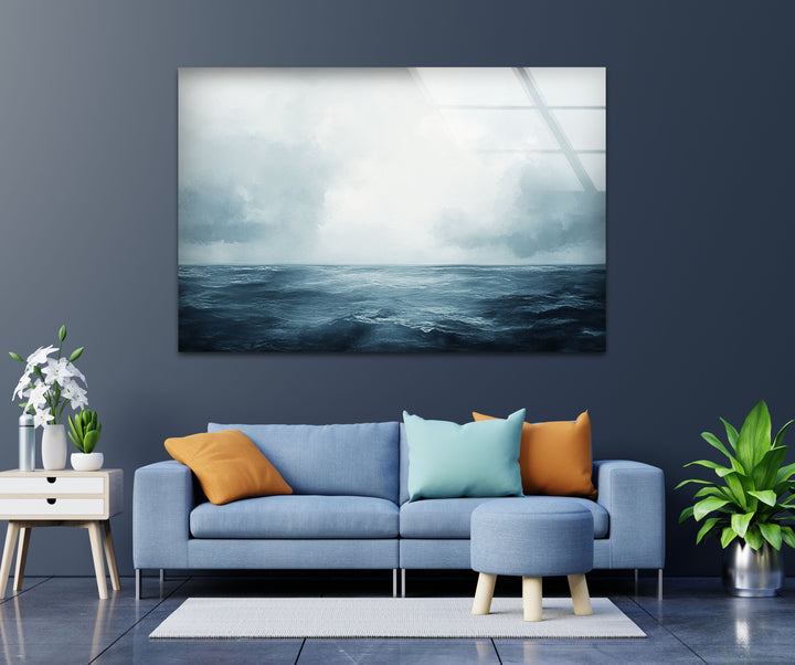 Endless Blue Horizon – Minimalist Ocean and Sky Glass Wall Art