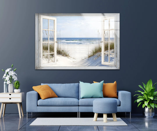 Subtle light defines the sandy dunes in this 'White Sands Serenity' coastal scene depicted in tempered glass wall art, contrasting with the deeper shadows within the window frame.