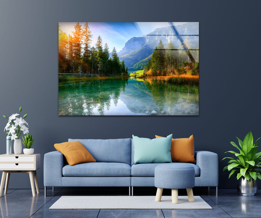 Tranquil Reflections – Alpine Lake and Mountain View Glass Wall Art